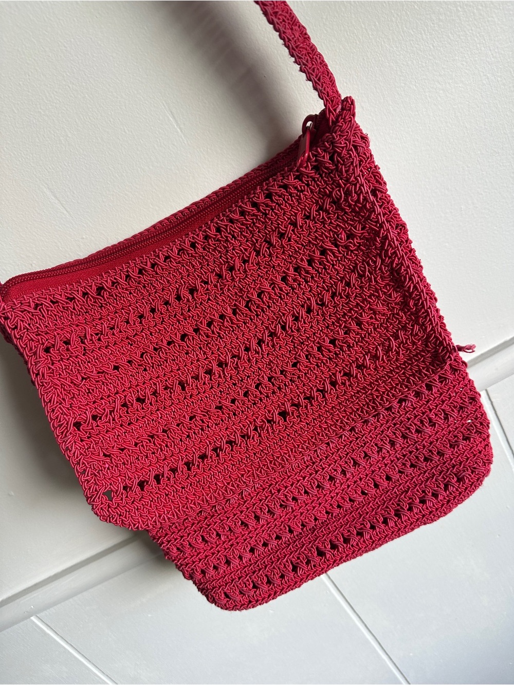Vintage Red Crochet Handbag Woven Open Knit Boho Top Handle Totes Purse